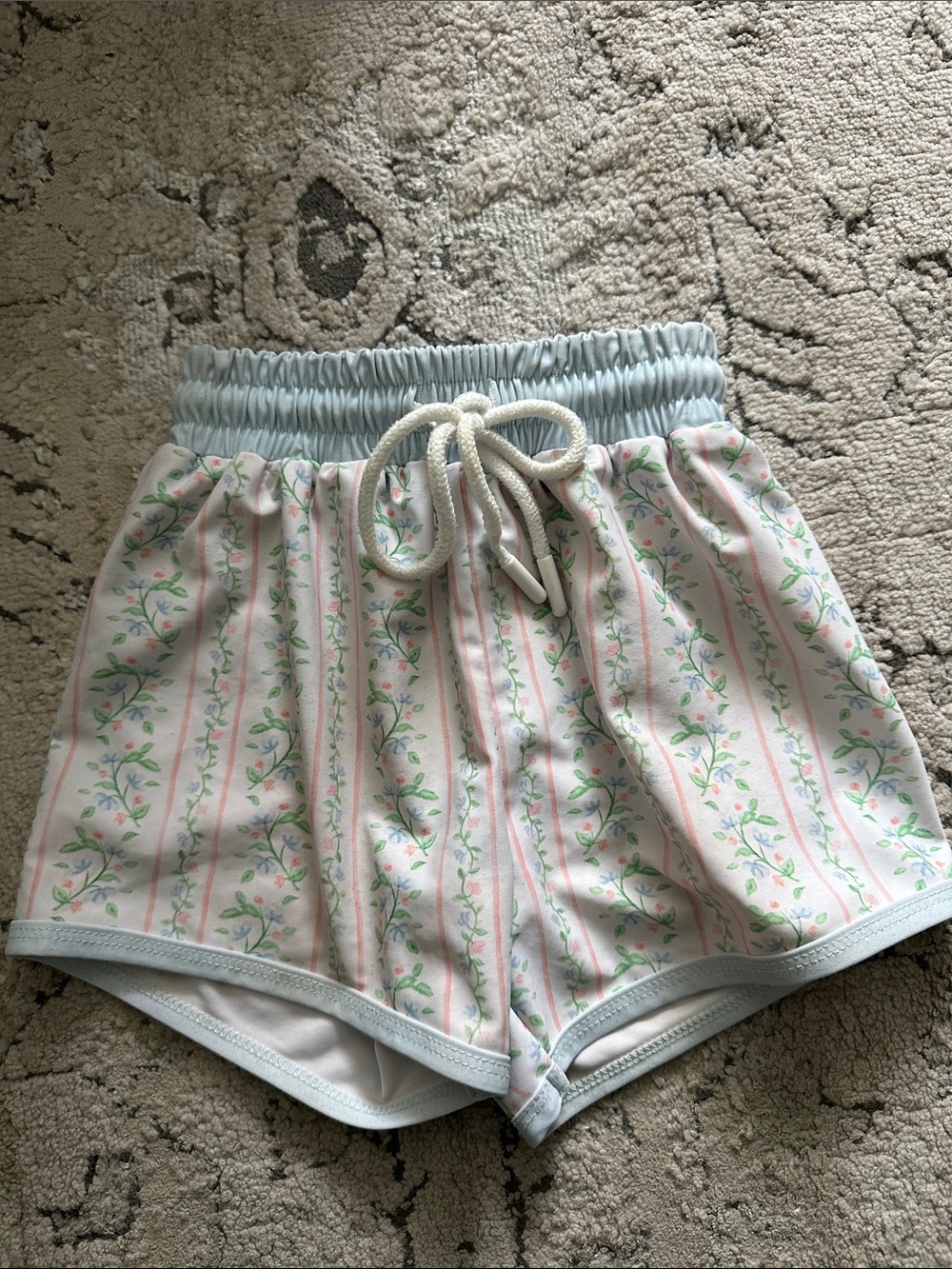 Floral Stripe Cozy Drawstring Shorts - Pastel Blue & Pink